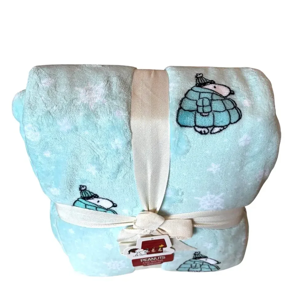 PEANUTS Snoopy TWIN Throw Blanket 60”x90” Christmas Puffer Jacket Blue